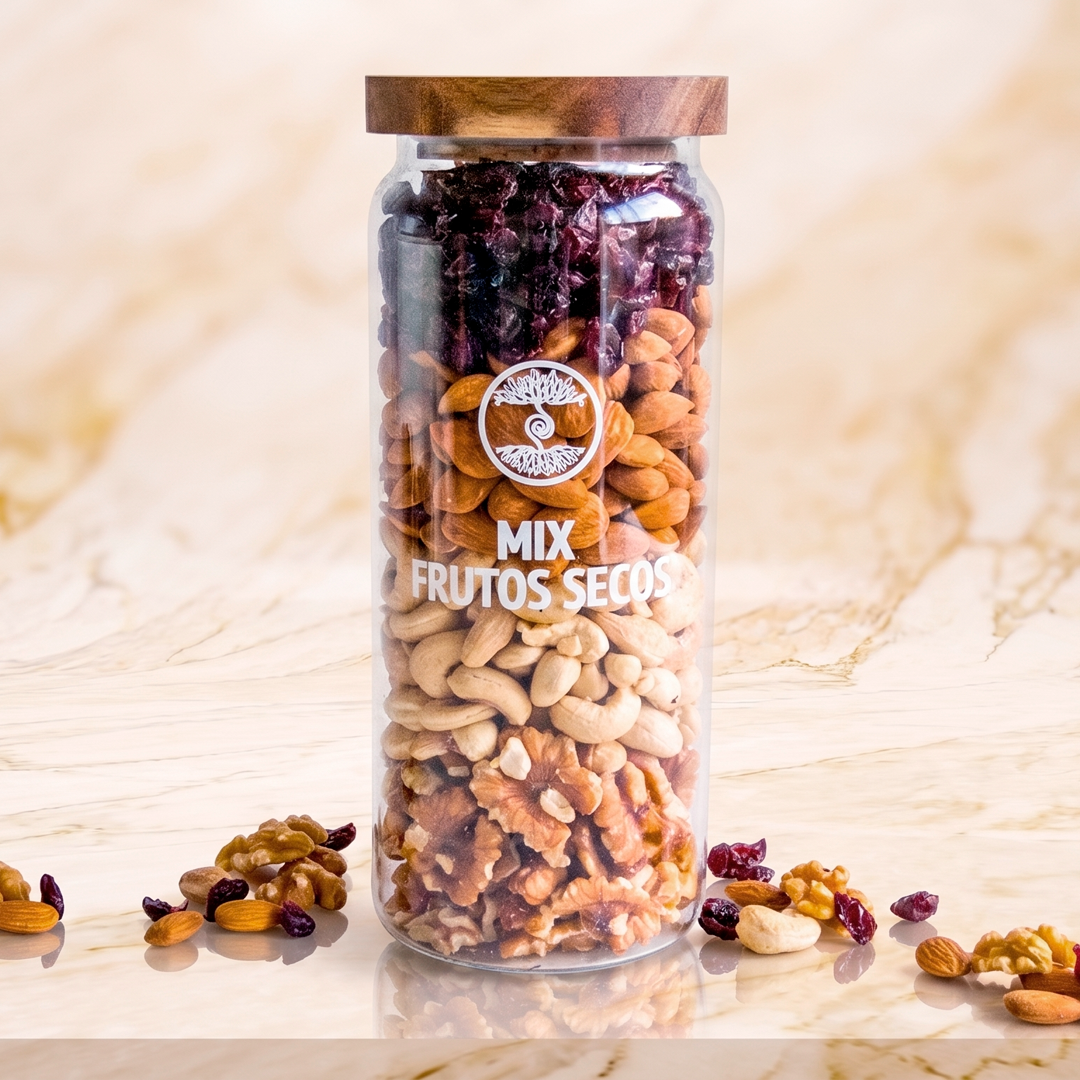 FRASCO ECO-PREMIUM GRANDE Mix de frutos AYMARAY - (600 gr.) Nueces, Almendras, Castañas y Arándanos.